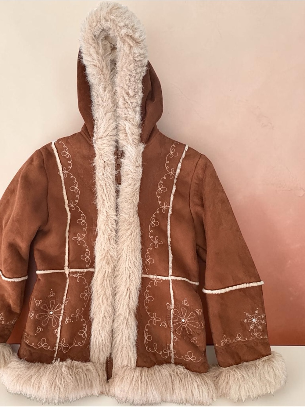 Big Chill Kids Size 10-12Brown Faux-Suede Hooded Puffer with Cream Faux-Fur Trim